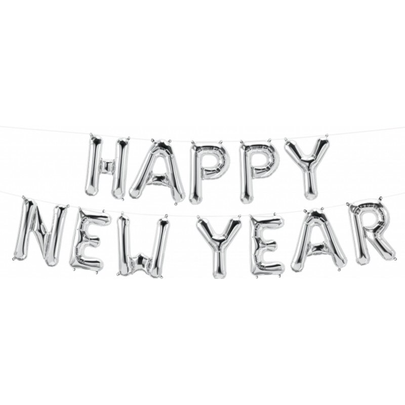 Pachet baloane folie Happy New Year - 16''/41 cm, Argintiu, Qualatex 59806