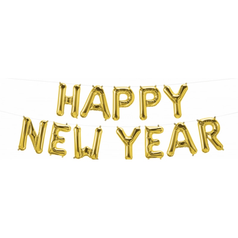 Pachet baloane folie Happy New Year - 16''/41 cm, Auriu, Qualatex 59796