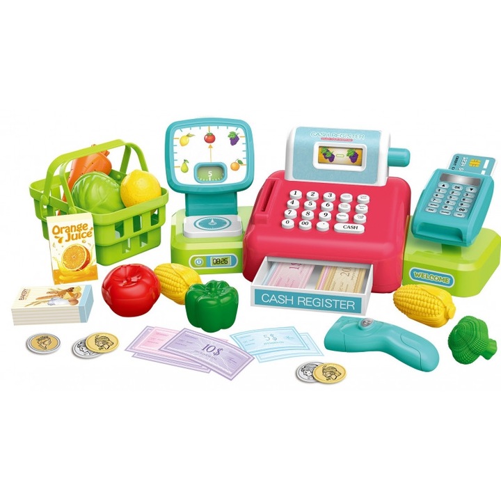 Casa de marcat AliBibi®, accesorii si cos de cumparaturi, scanner, plata cu card si cantar