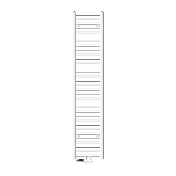 ECD Germany Fürdőszoba radiátor, Sahara modell, 300 x 1800 mm, Egyenes, Központi csatlakozással, Törölközőtartó, Dupla egyenes H szelep, Fürdőszoba radiátorhoz, 1/2", Termosztát, Csatlakozási forma, Fehér
