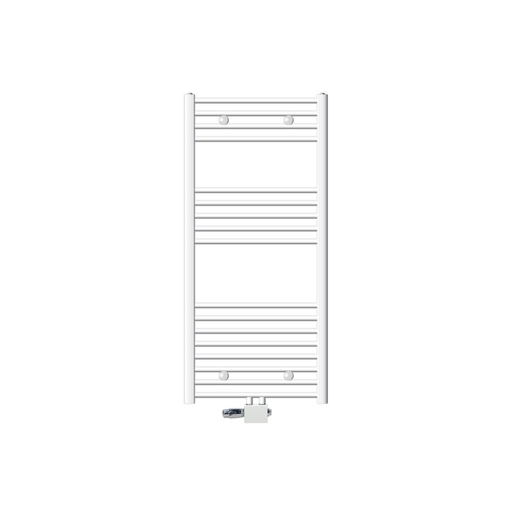 Radiator (calorifer) baie, ECD Germany, model Sahara, 600 x 1200 mm, alb, drept, cu racord central, port-prosop, robinet H dublu drept pentru radiator baie (1/2"), termostatic, tip de racord universal