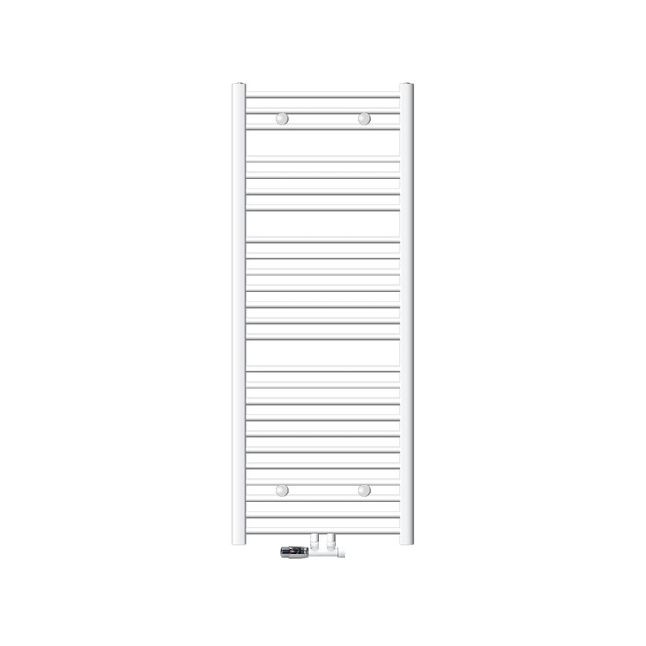 Radiator (calorifer) baie, ECD Germany, model Sahara, 600 x 1500 mm, alb, drept, cu racord central, port-prosop, robinet H dublu drept pentru radiator baie (1/2"), termostatic, tip de racord forma unghiulara