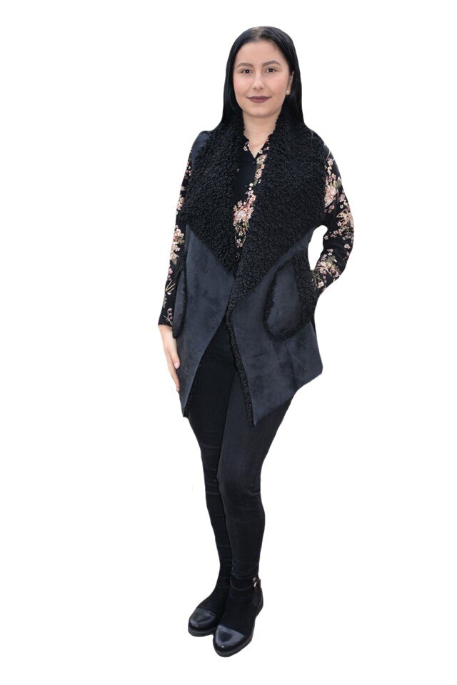 Vesta dama din,piele intoarsa ,croi asimetric ,D&J Exclusive, Negru