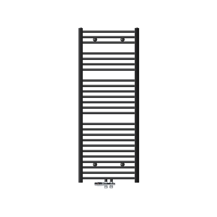Radiator (calorifer) baie, ECD Germany, model Sahara, 600 x 1500 mm, antracit, drept, cu racord central, port-prosop, robinet H dublu drept pentru radiator baie (1/2"), termostatic, tip de racord forma trecere