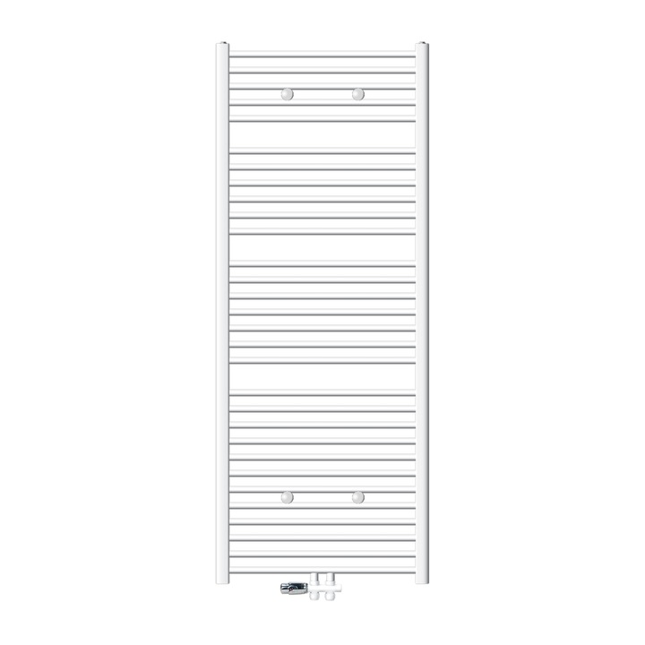 Radiator (calorifer) baie, ECD Germany, model Sahara, 750 x 1800 mm, alb, drept, cu racord central, port-prosop, robinet H dublu drept pentru radiator baie (1/2"), termostatic, tip de racord forma trecere