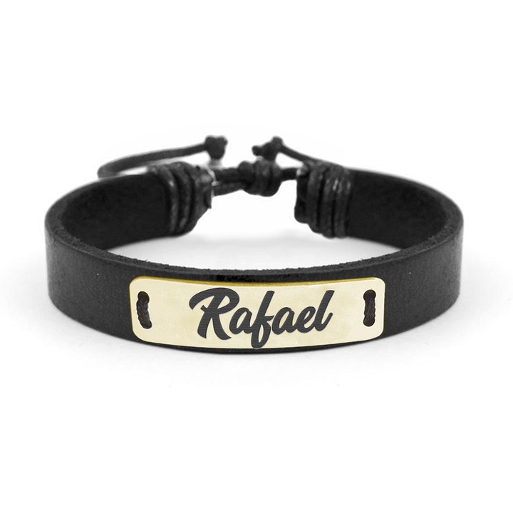 Bratara din piele cu placuta din argint 925, Placat cu aur 24 Karate, Nume Rafael, Reglabila, BijuBOX, Cutiuta CADOU