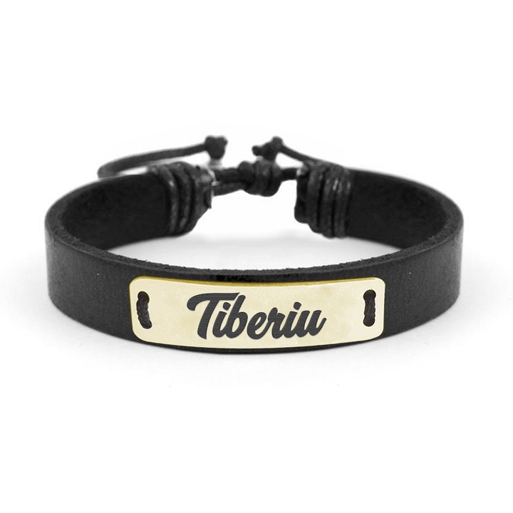 Bratara din piele cu placuta din argint 925, Placat cu aur 24 Karate, Nume Tiberiu, Reglabila, BijuBOX, Cutiuta CADOU