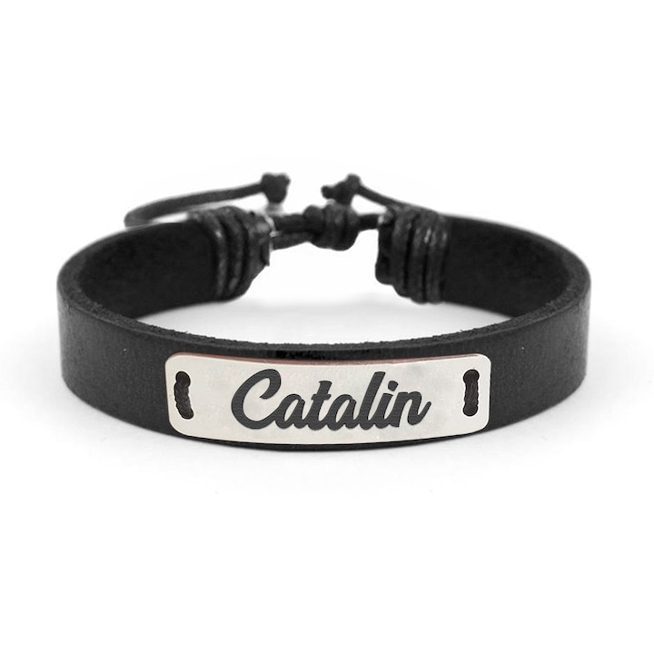 Bratara din piele cu placuta din argint 925, Nume Catalin, Reglabila, BijuBOX, Cutiuta CADOU