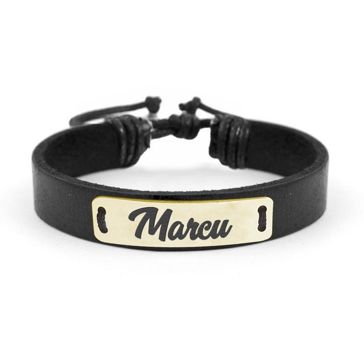 Bratara din piele cu placuta din argint 925, Placat cu aur 24 Karate, Nume Marcu, Reglabila, BijuBOX, Cutiuta CADOU