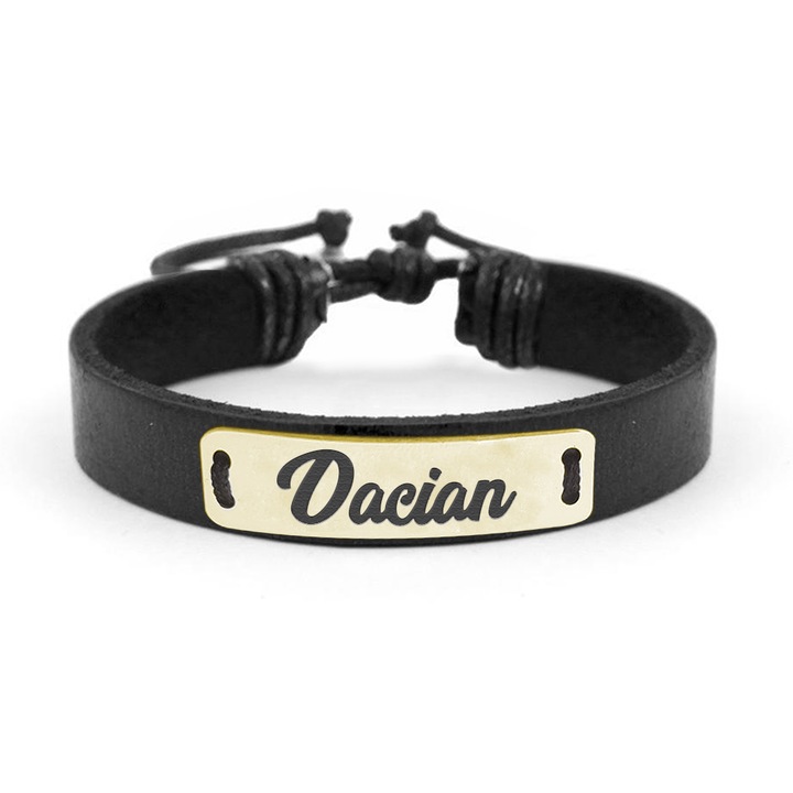 Bratara din piele cu placuta din argint 925, Placat cu aur 24 Karate, Nume Dacian, Reglabila, BijuBOX, Cutiuta CADOU