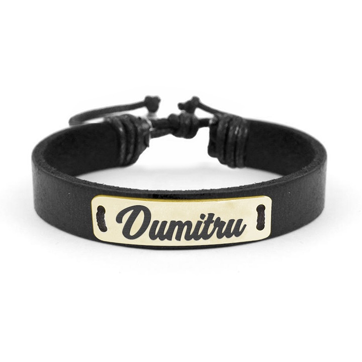 Bratara din piele cu placuta din argint 925, Placat cu aur 24 Karate, Nume Dumitru, Reglabila, BijuBOX, Cutiuta CADOU