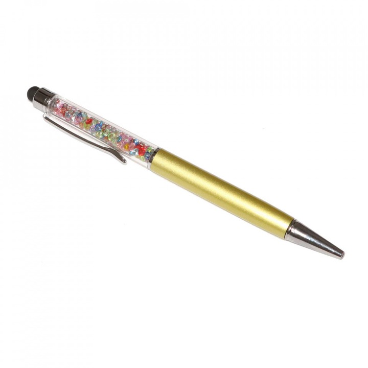 Stylus touch pen cu pix, decorat cu cristale mixte, metalic, auriu