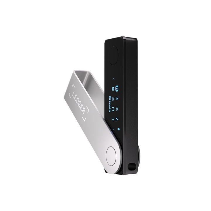 Портфейл за виртуална валута Ledger, Nano X, Bluetooth, управление на до 5500 криптовалути и токени, NFT, бърз обмен на валута, компактен, безопасно съхранение на данни, черен