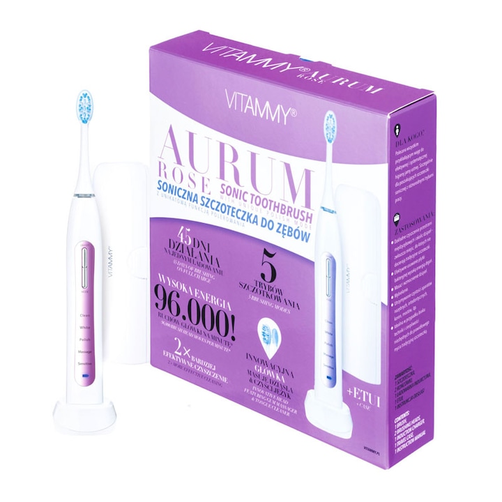 VITAMMY Aurum Rose elektromos fogkefe, 96000 oszcilláció/perc, 2 fej, Fehér / rózsaszín