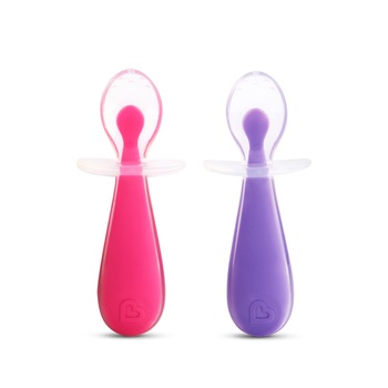 Set 2 lingurite, TRAINING SPOONS, Moi, din Silicon, cu Opritor anti-inec, Munchkin, roz/mov Set 2 lingurite, TRAINING SPOONS, Moi, din Silicon, cu Opritor anti-inec, Munchkin, roz/mov