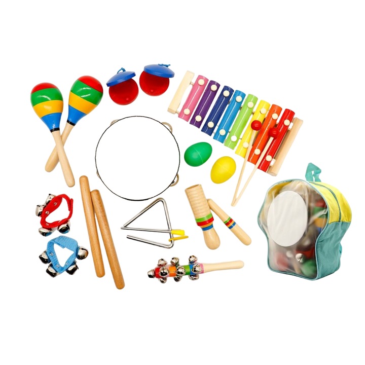 Set muzical lemn, "ISP ECOTOYS Music", fara margini ascutite, setul include 10 instrumente muzicale, Rucsac depozitare cadou