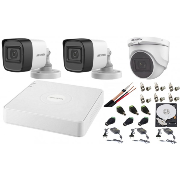 Kit supraveghere video complet cu 4 camere exterior FULL HD, IR 20 metri cu vizionare live telefon mobil, hard 1TB