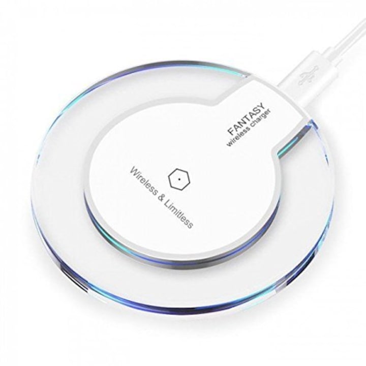 Incarcator wireless wireless Qi alb, cablu microusb inclus pentru dispozitivele iPhone si Android