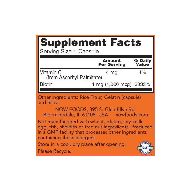Хранителна добавка NOW Foods Biotin 388494014, 1000 мкг, 100 капсули ...