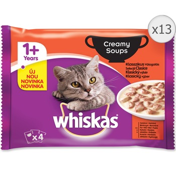 Hrana umeda pentru pisici Whiskas, Adult, Selectii clasice in supa cremoasa, 13x4x48g Hrana umeda pentru pisici Whiskas, Adult, Selectii clasice in supa cremoasa, 13x4x48g