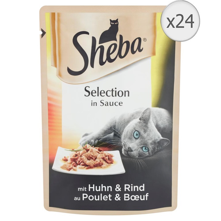 Sheba Selection Nedves macskaeledel, Csirke és Marha szószban, 24x85g