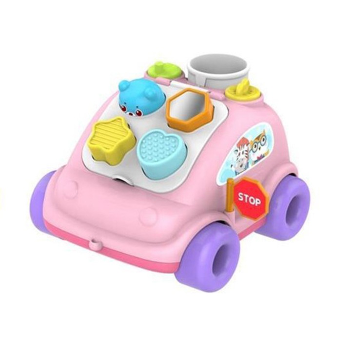 ABERO-Hop the Bear interaktív autó gyerekeknek, különböző válogató formák és zörgő játékok, rózsaszín