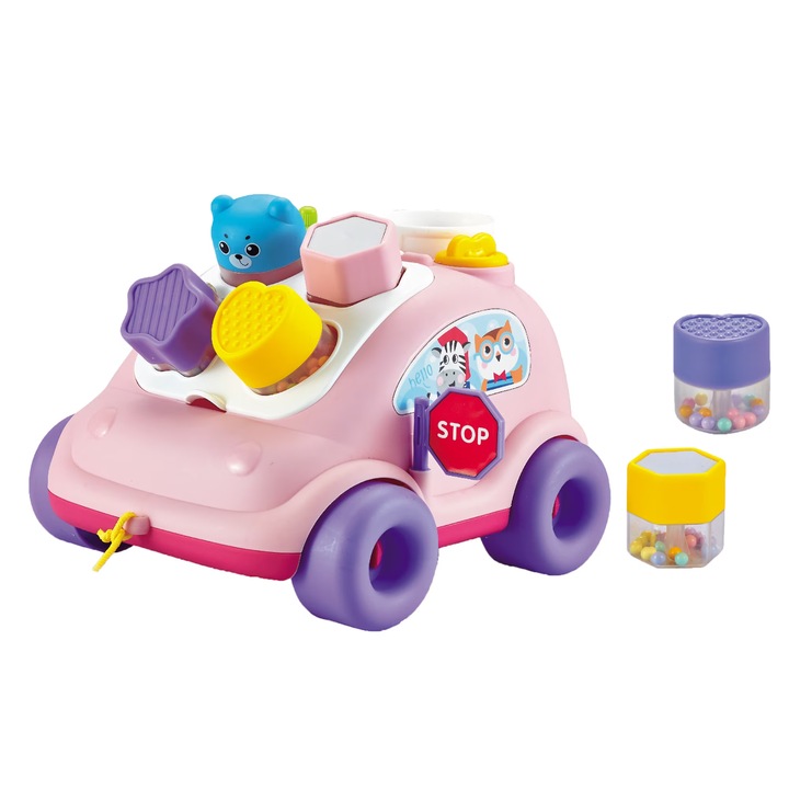 Masinuta interactiva pentru copii ABERO-Hop the Bear, diferite forme de sortare si jucarii zornaitoare, roz