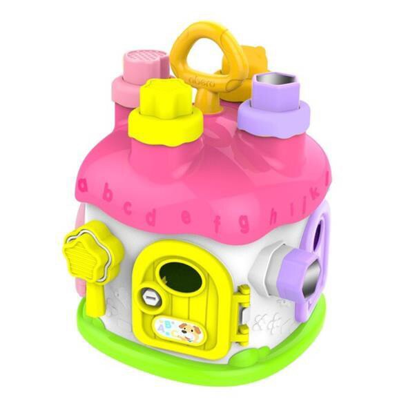 Castel interactiv pentru copii ABERO-Castle Fun Park, diferite forme de sortare si jucarii zornaitoare, roz