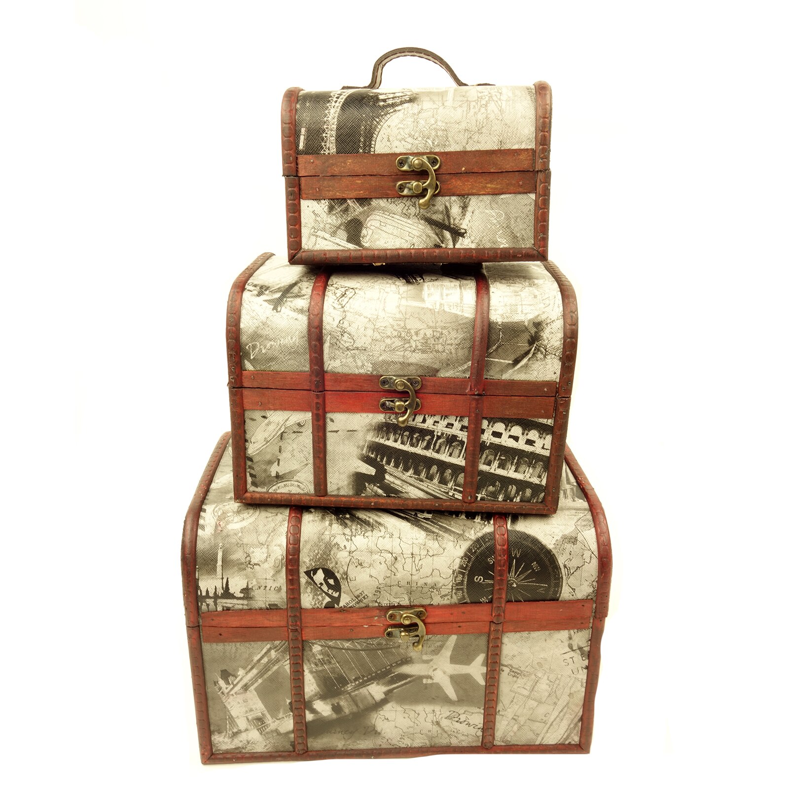 Set de 3 cufere vintage din mdf, cu model harta, maro, 30 cm