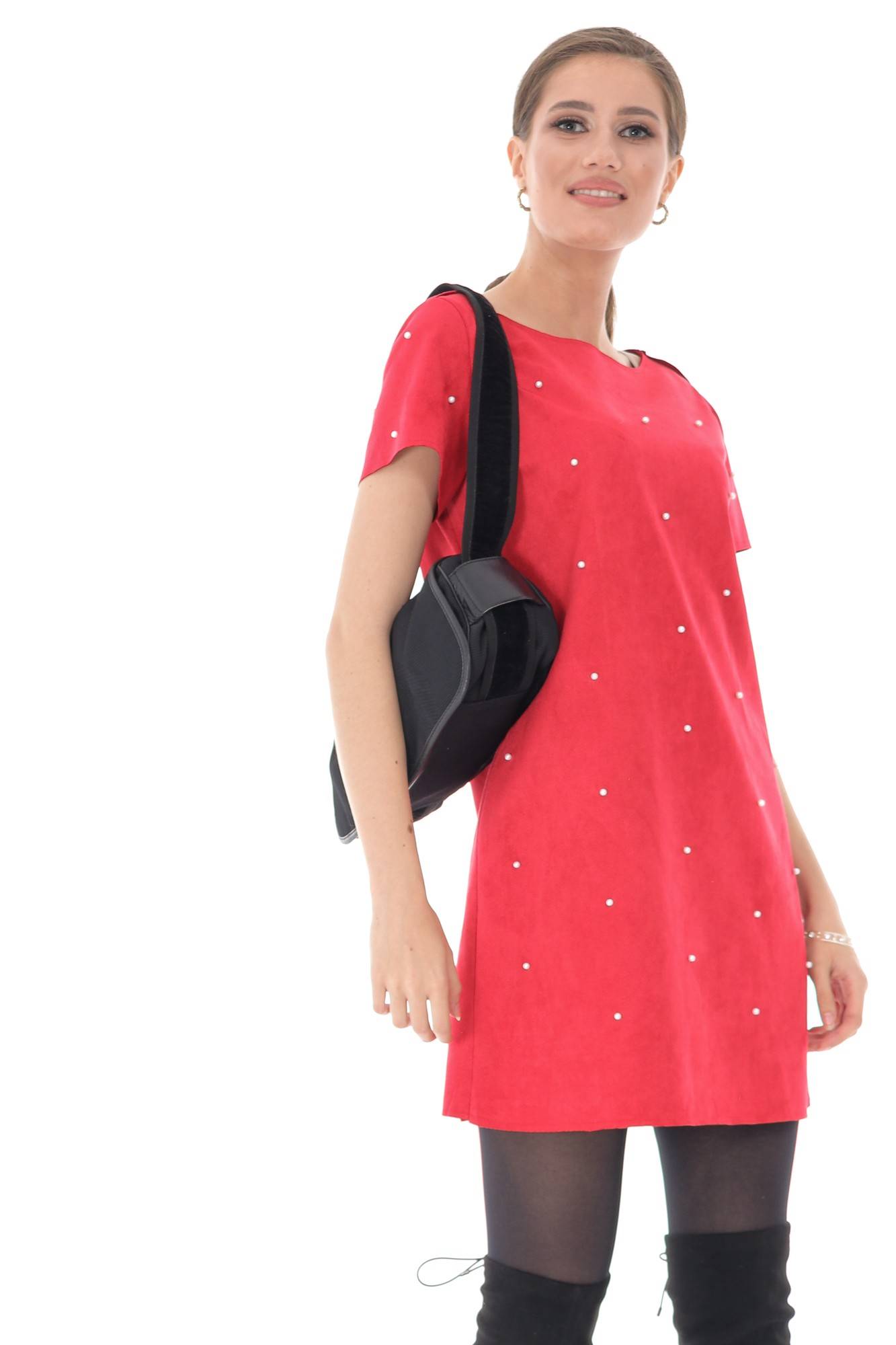 Rochie rosie, ROH, cu aplicatii de perle