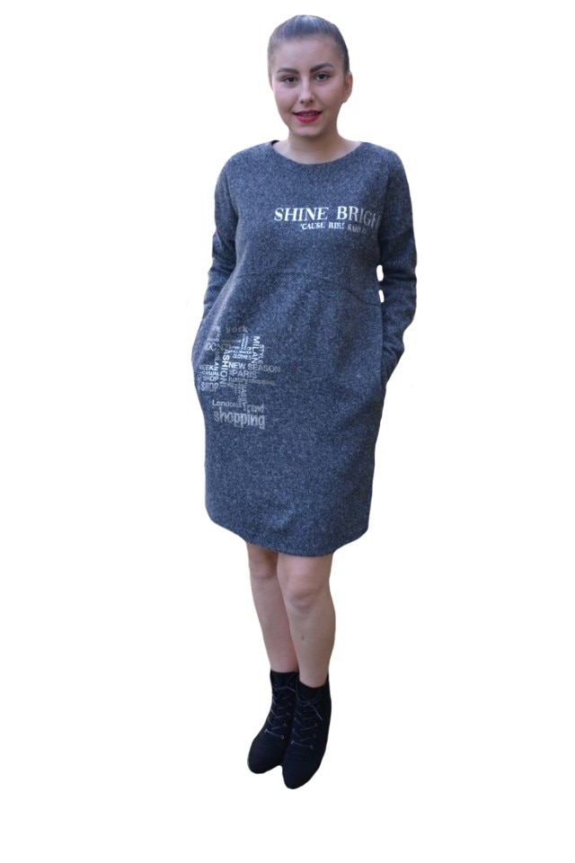 Rochie casual ,impriemu si buzunare,D&J Exclusive, Gri inchis