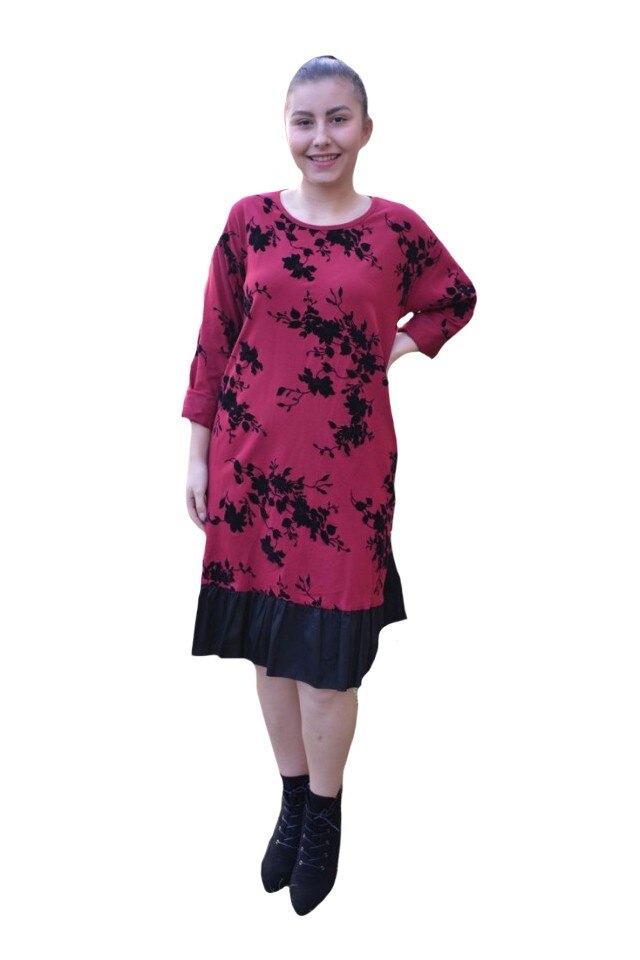 Rochie casual cu insertii de catifea ,flower si volans,D&J Exclusive, Marsala