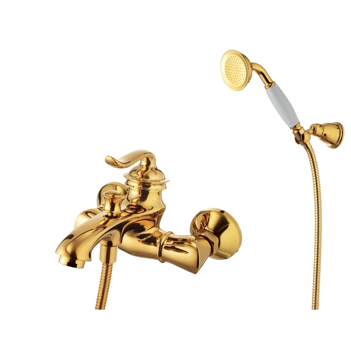 CHARM месингов смесител за вана, AXYS, душ слушалка, душ маркуч, душ опора, ексцентрик, керамичен патрон, едноръкохватков, златен, 21.3x19.7cm