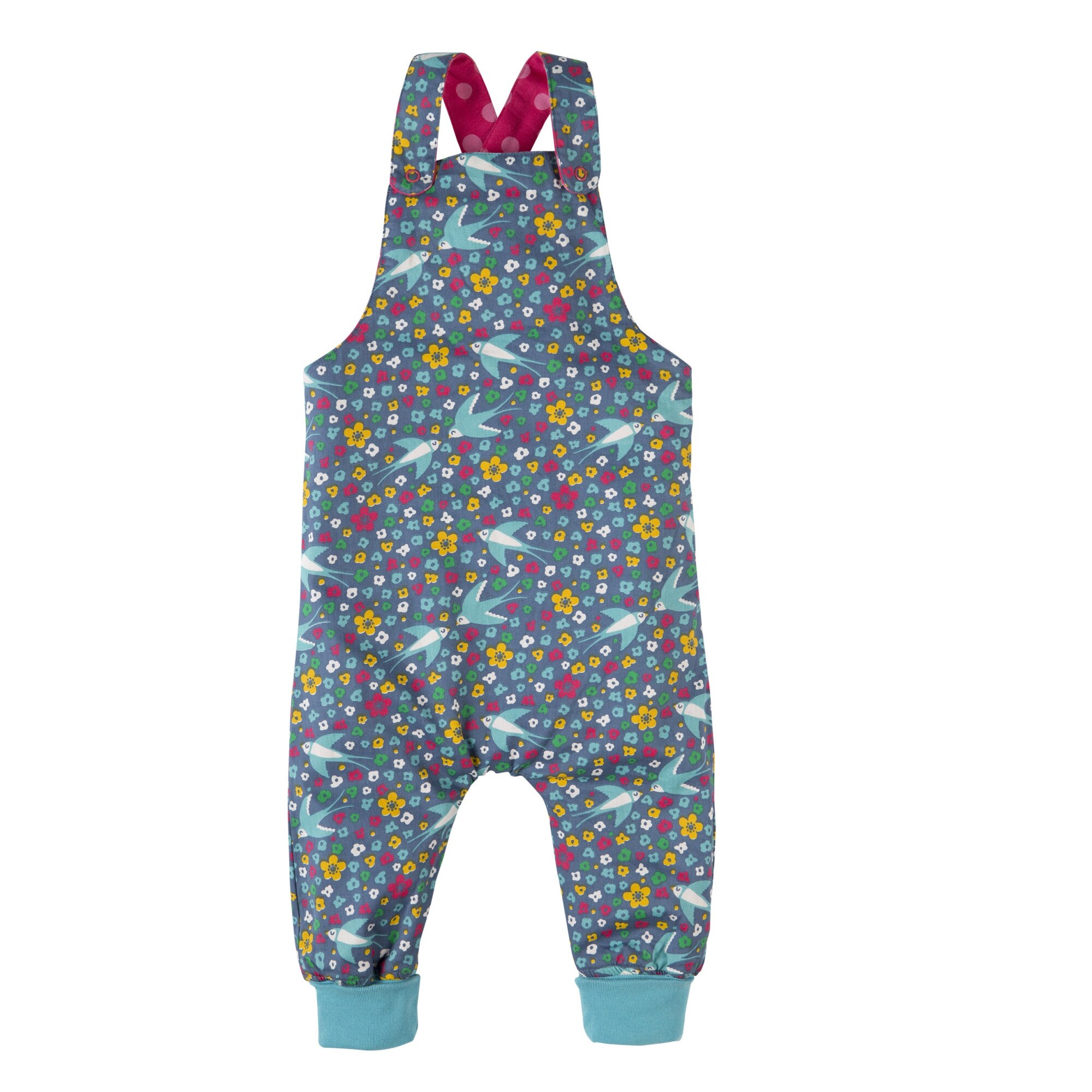 Salopeta reversibila cu flori multicolore, bumbac organic, bebe