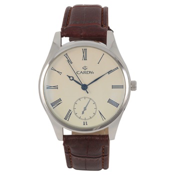 Ceas barbatesc CARDY , mecanism quartz , carcasa argintie , curea maro , cadran alb Ceas barbatesc CARDY , mecanism quartz , carcasa argintie , curea maro , cadran alb