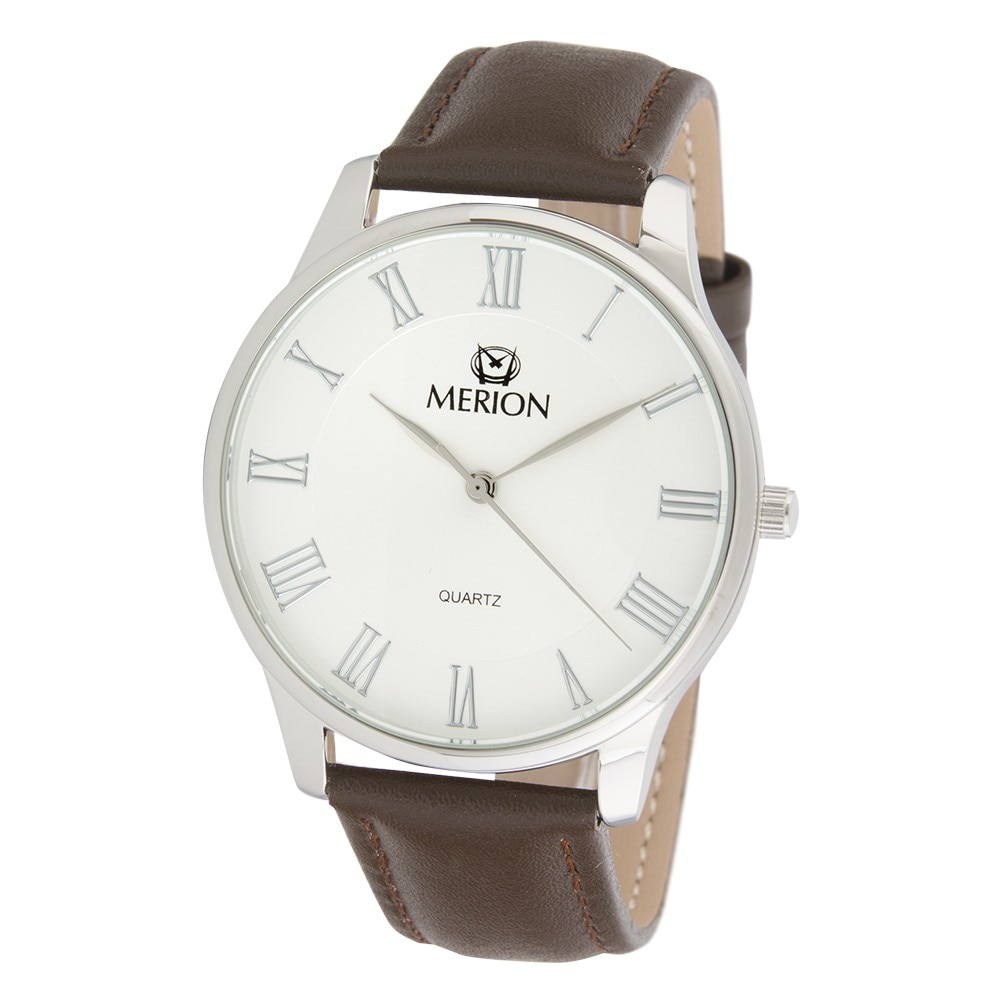 Ceas de barbati MERION argintiu , curea piele