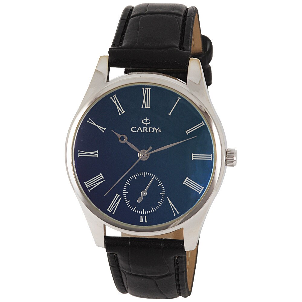 Ceas barbatesc CARDY , mecanism quartz , carcasa argintie , curea neagra , cadran negru