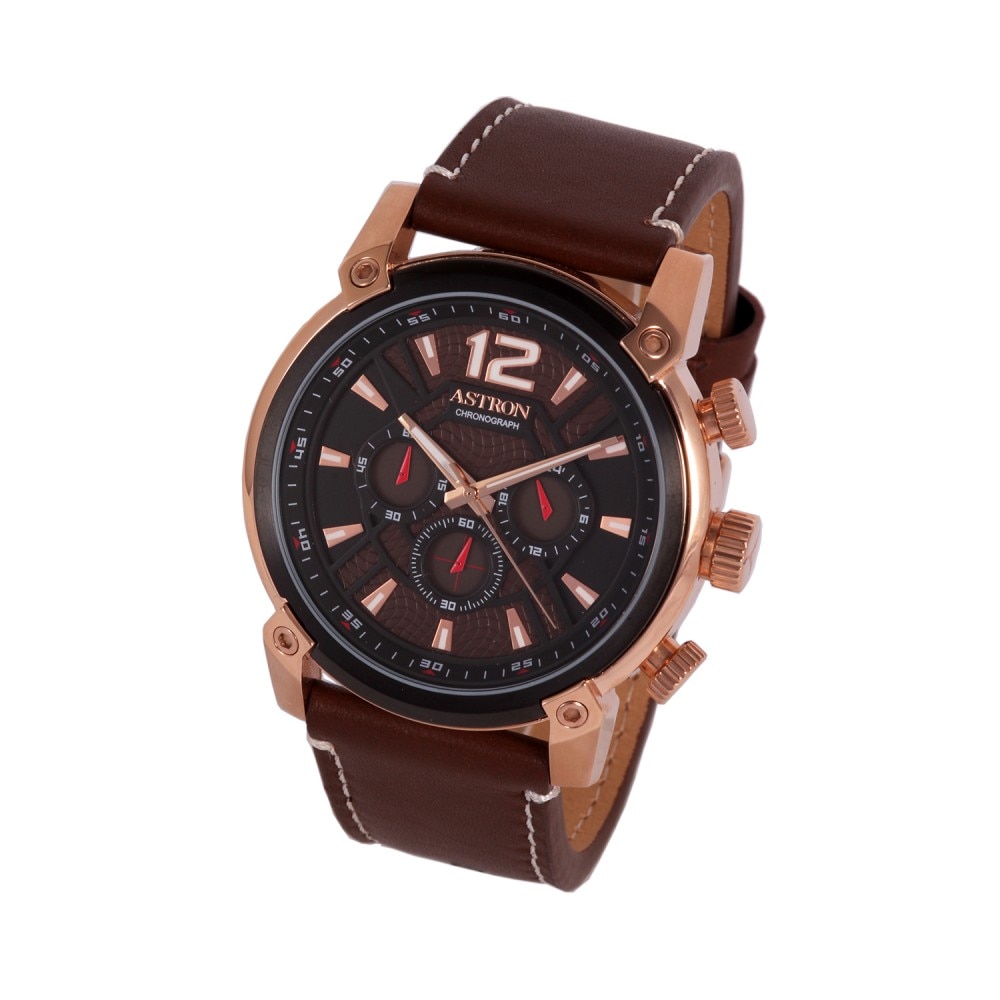 Ceas de barbati ASTRON , curea din piele , carcasa rose gold