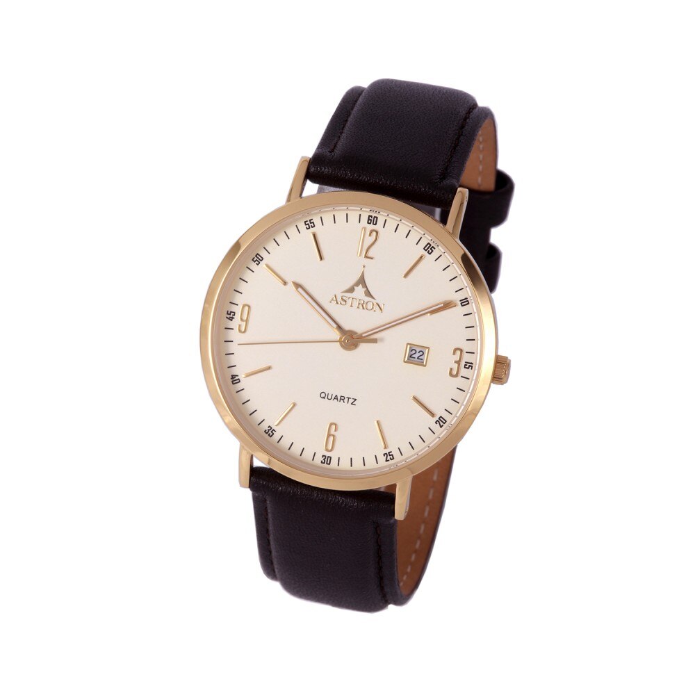 Ceas de barbati ASTRON , curea din piele , carcasa aurie