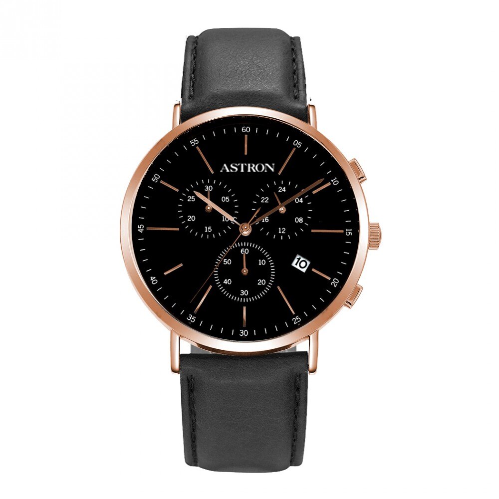 Ceas de barbati ASTRON , curea din piele , carcasa rose gold