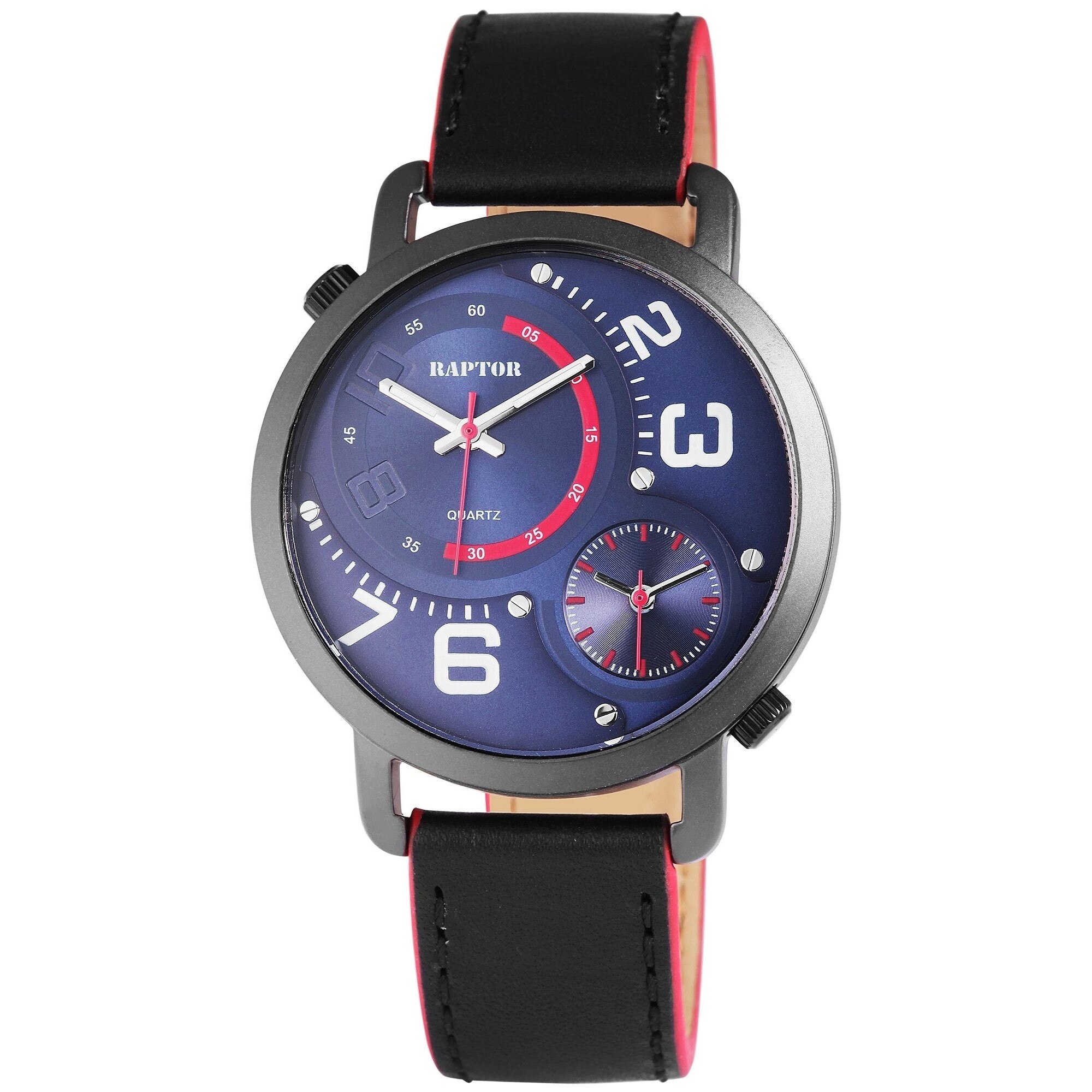 Ceas barbatesc, Raptor, dual time, carcasa argintie, cadran albastru, curea neagra, 45mm