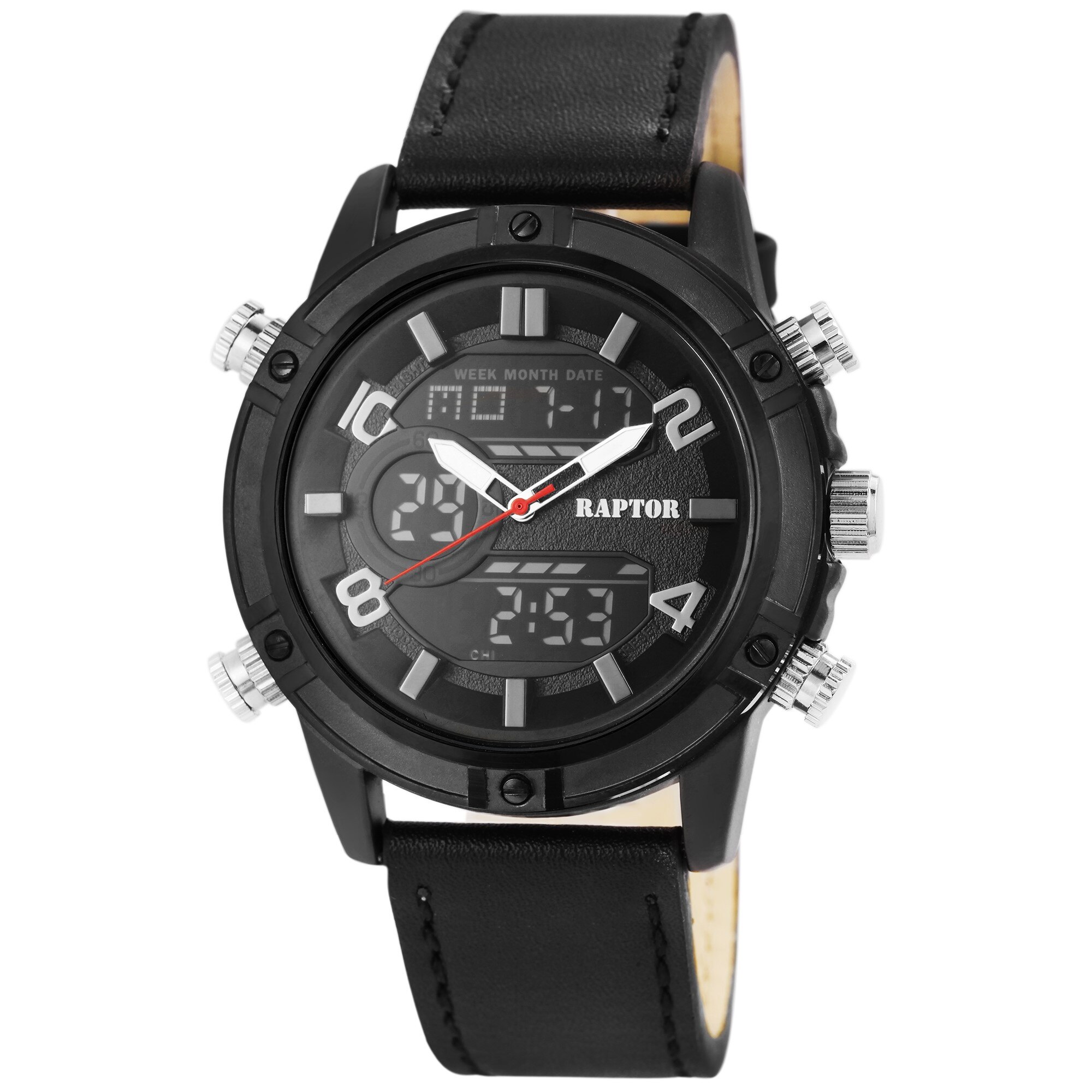 Ceas barbatesc, Raptor, analog/digital, carcasa si curea piele naturala neagra, calendar, 49mm