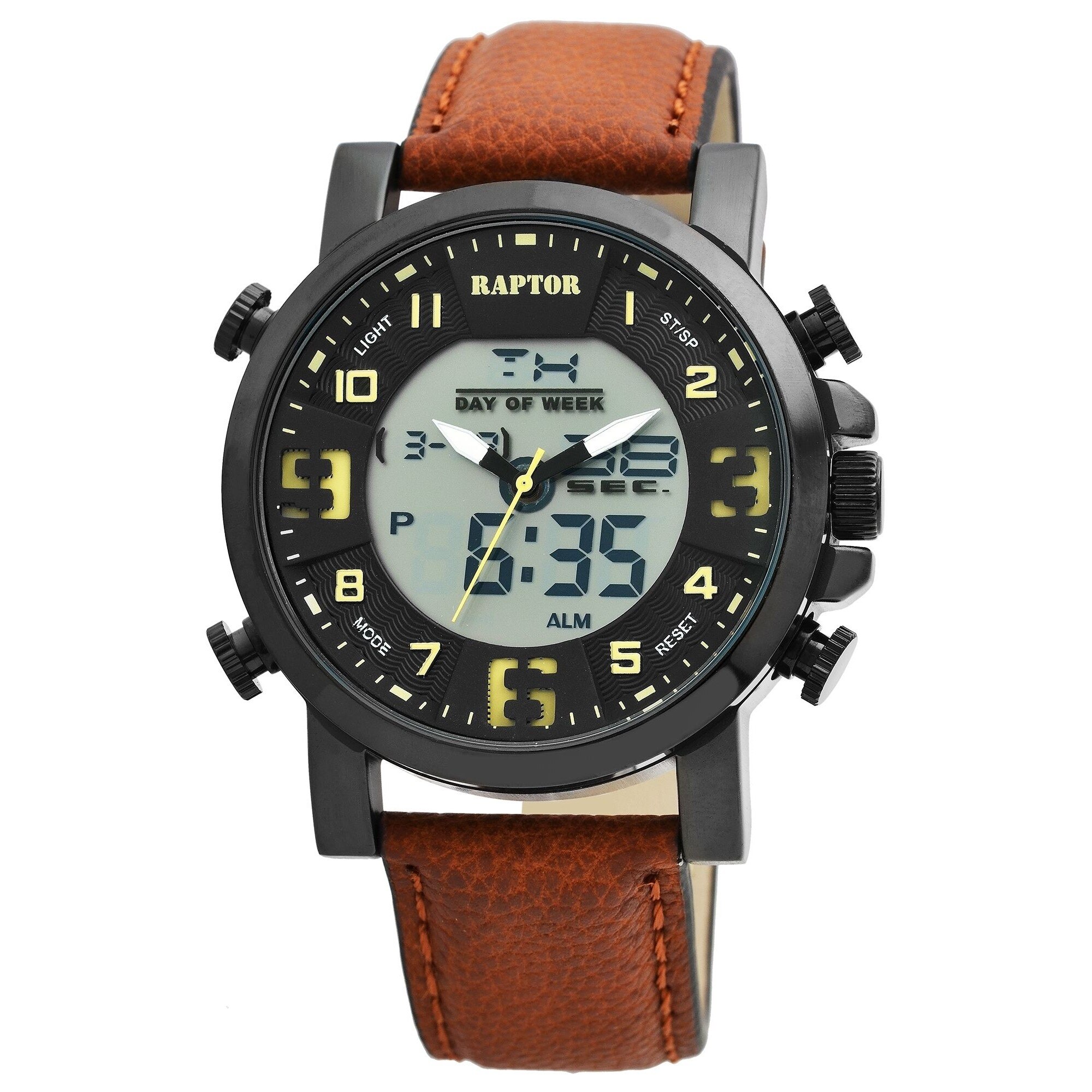 Ceas barbatesc, Raptor, analog/digital, carcasa neagra, curea piele naturala maro, doua fuse orare, functii, 48mm