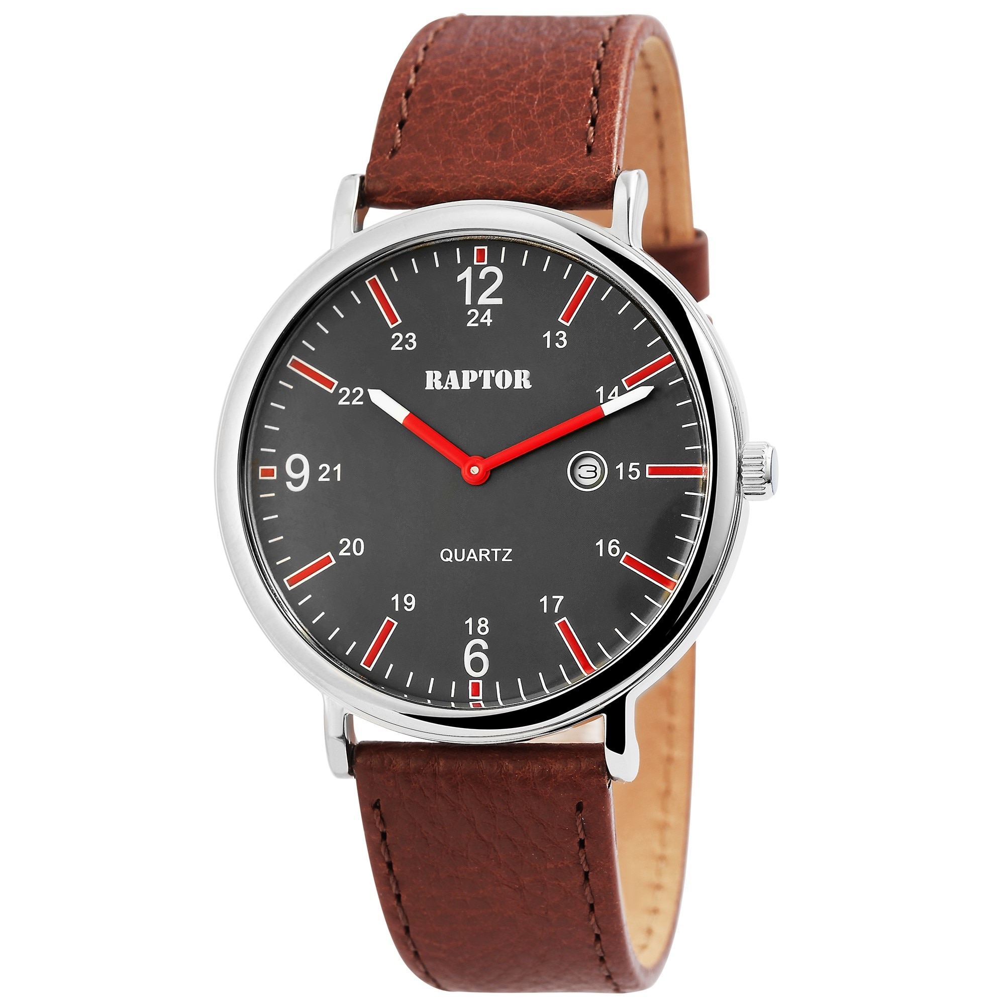 Ceas barbatesc, Raptor, carcasa argintie, cadran gri, data, curea maro