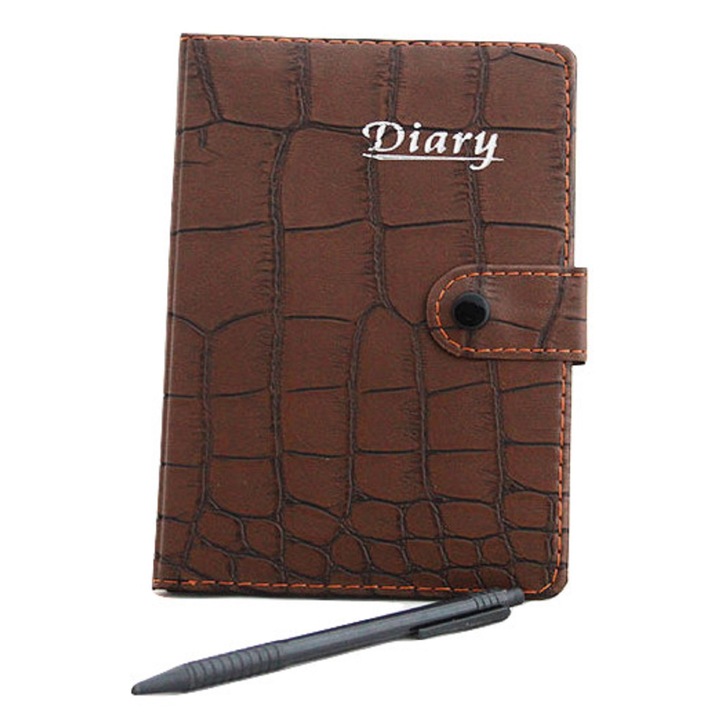 Тефтер с кожена подвързия, закопчалка и химикал, Широки редове, Кафяв