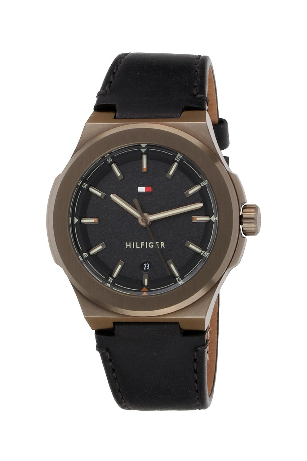 Tommy Hilfiger, Ceas quartz cu o curea de piele, Negru/Bronz