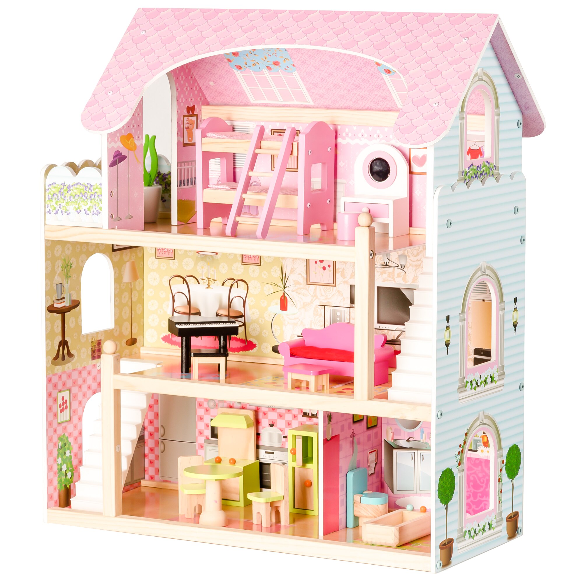 Casuta din lemn pentru papusi, FAIRYTALE HOUSE, 3 etaje, 5 camere, 15 piese de mobilier, 71 cm inaltime, multicolora
