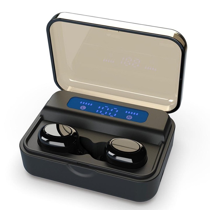 Безжични аудио слушалки TWS, Bluetooth 5.0, Черен + PowerBank кутия, 2200mAh