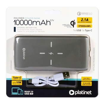 Baterie externa cu incarcare wireless, iesire USB si port USB-C, Platinet Power Bank 10000 mAh QI Wireless Charging - Power Bank 10000 mAh QI Wireless Charging , (gri) Baterie externa cu incarcare wireless, iesire USB si port USB-C, Platinet Power Bank 10000 mAh QI Wireless Charging - Power Bank 10000 mAh QI Wireless Charging , (gri)