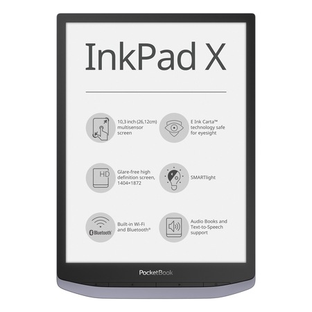 eBook четец PocketBook InkPad X PB1040, 10.3", E Ink Carta™ Mobius, SMARTlight, WiFi, Bluetooth, Сив металик